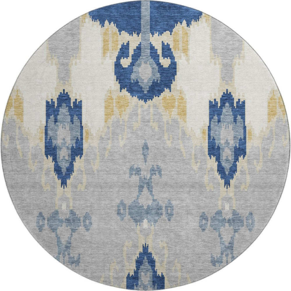 HomeRoots 8' Navy Blue Gold Ikat Washable Round Rug – Durable, Stain-Resistant, UV Protected for Family Spaces 663002