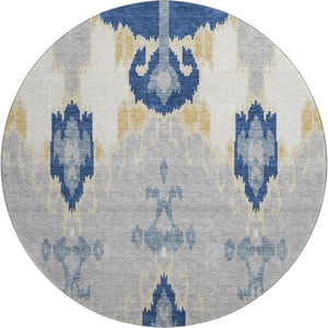 HomeRoots 8' Navy Blue Gold Ikat Washable Round Rug – Durable, Stain-Resistant, UV Protected for Family Spaces 663002