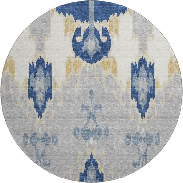 HomeRoots 8' Navy Blue Gold Ikat Washable Round Rug – Durable, Stain-Resistant, UV Protected for Family Spaces 663002