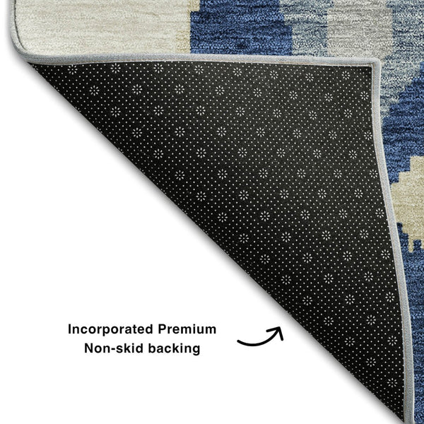 HomeRoots 8' Navy Blue Gold Ikat Washable Round Rug – Durable, Stain-Resistant, UV Protected for Family Spaces 663002