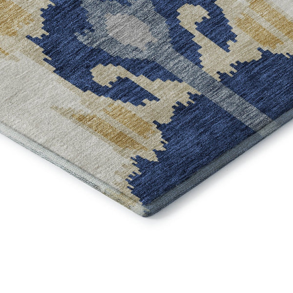 HomeRoots 8' Navy Blue Gold Ikat Washable Round Rug – Durable, Stain-Resistant, UV Protected for Family Spaces 663002