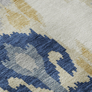 HomeRoots 8' Navy Blue Gold Ikat Washable Round Rug – Durable, Stain-Resistant, UV Protected for Family Spaces 663002