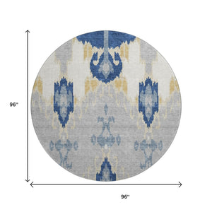 HomeRoots 8' Navy Blue Gold Ikat Washable Round Rug – Durable, Stain-Resistant, UV Protected for Family Spaces 663002