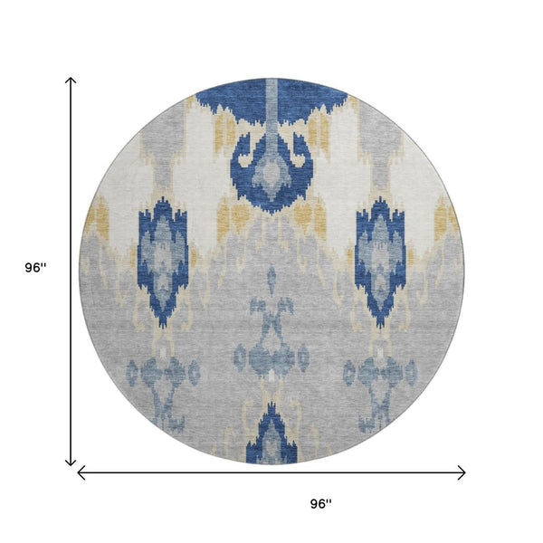 HomeRoots 8' Navy Blue Gold Ikat Washable Round Rug – Durable, Stain-Resistant, UV Protected for Family Spaces 663002