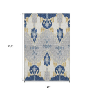 HomeRoots 8' X 10' Ikat Area Rug in Navy Blue, Gold & Ivory - Stain Resistant, UV Protected for High Traffic Areas 663003