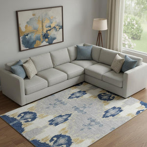 HomeRoots 8' X 10' Ikat Area Rug in Navy Blue, Gold & Ivory - Stain Resistant, UV Protected for High Traffic Areas 663003