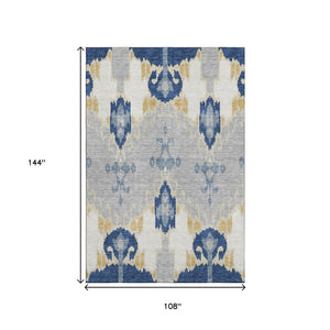 HomeRoots 9' X 12' Ikat Area Rug in Navy Blue, Gold & Ivory - Washable, UV Protected & Stain Resistant! 663004