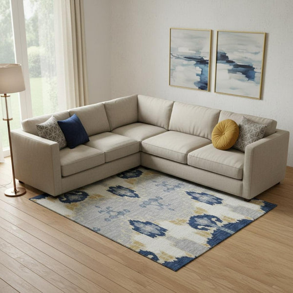 HomeRoots 9' X 12' Ikat Area Rug in Navy Blue, Gold & Ivory - Washable, UV Protected & Stain Resistant! 663004