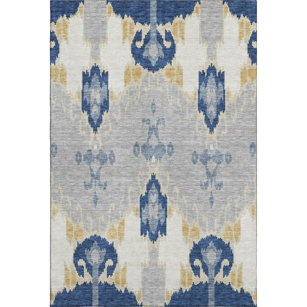 HomeRoots 9' X 12' Ikat Area Rug in Navy Blue, Gold & Ivory - Washable, UV Protected & Stain Resistant! 663004