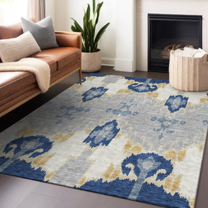 HomeRoots 9' X 12' Ikat Area Rug in Navy Blue, Gold & Ivory - Washable, UV Protected & Stain Resistant! 663004