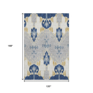 HomeRoots 10' X 14' Navy Blue Gold Ivory Ikat Area Rug - Washable, UV-Resistant, Perfect for High-Traffic Homes 663005