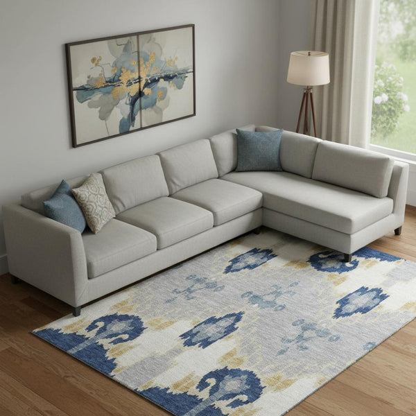 HomeRoots 10' X 14' Navy Blue Gold Ivory Ikat Area Rug - Washable, UV-Resistant, Perfect for High-Traffic Homes 663005