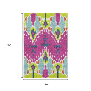 HomeRoots 5' Vibrant Pink Green Teal Ikat Area Rug - Washable, UV Protected, Kid & Pet Friendly for Everyday Use 663013
