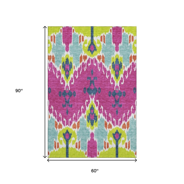 HomeRoots 5' Vibrant Pink Green Teal Ikat Area Rug - Washable, UV Protected, Kid & Pet Friendly for Everyday Use 663013