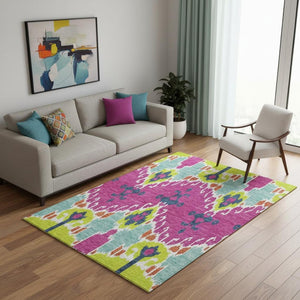 HomeRoots 5' Vibrant Pink Green Teal Ikat Area Rug - Washable, UV Protected, Kid & Pet Friendly for Everyday Use 663013