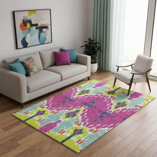 HomeRoots 5' Vibrant Pink Green Teal Ikat Area Rug - Washable, UV Protected, Kid & Pet Friendly for Everyday Use 663013