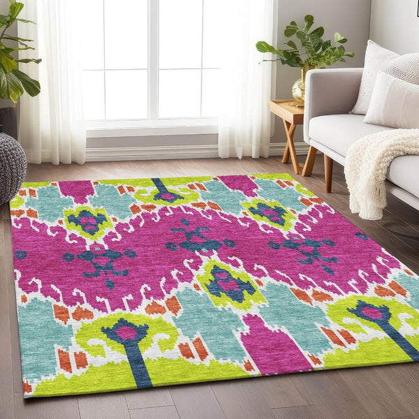 HomeRoots 5' Vibrant Pink Green Teal Ikat Area Rug - Washable, UV Protected, Kid & Pet Friendly for Everyday Use 663013