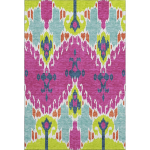 HomeRoots 5' Vibrant Pink Green Teal Ikat Area Rug - Washable, UV Protected, Kid & Pet Friendly for Everyday Use 663013