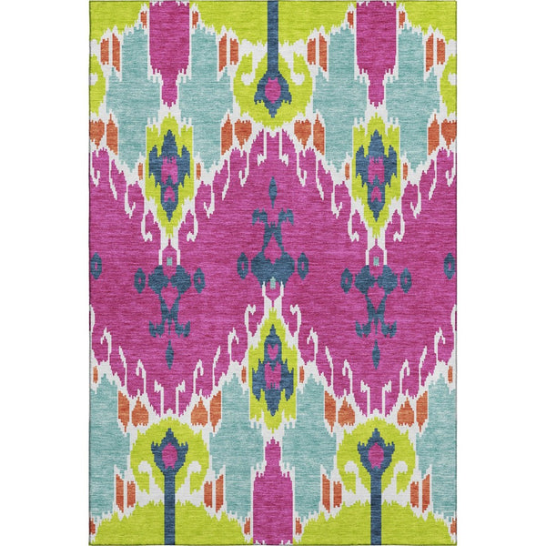 HomeRoots 5' Vibrant Pink Green Teal Ikat Area Rug - Washable, UV Protected, Kid & Pet Friendly for Everyday Use 663013