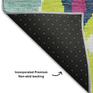 HomeRoots 5' Vibrant Pink Green Teal Ikat Area Rug - Washable, UV Protected, Kid & Pet Friendly for Everyday Use 663013