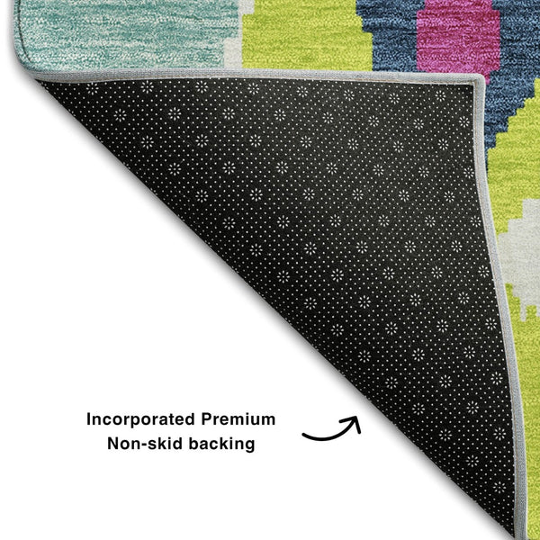 HomeRoots 5' Vibrant Pink Green Teal Ikat Area Rug - Washable, UV Protected, Kid & Pet Friendly for Everyday Use 663013