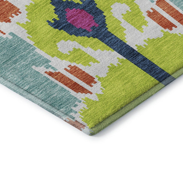 HomeRoots 5' Vibrant Pink Green Teal Ikat Area Rug - Washable, UV Protected, Kid & Pet Friendly for Everyday Use 663013