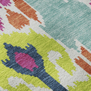 HomeRoots 5' Vibrant Pink Green Teal Ikat Area Rug - Washable, UV Protected, Kid & Pet Friendly for Everyday Use 663013