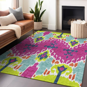 HomeRoots 5' Vibrant Pink Green Teal Ikat Area Rug - Washable, UV Protected, Kid & Pet Friendly for Everyday Use 663013