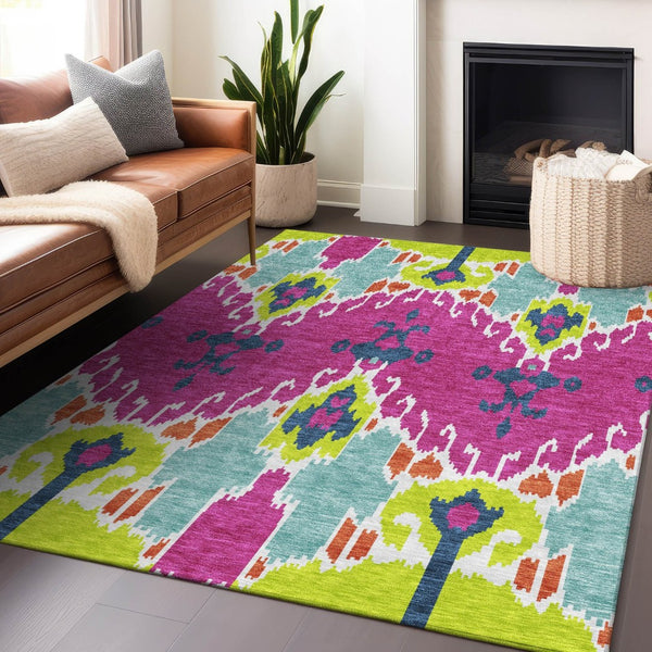 HomeRoots 5' Vibrant Pink Green Teal Ikat Area Rug - Washable, UV Protected, Kid & Pet Friendly for Everyday Use 663013