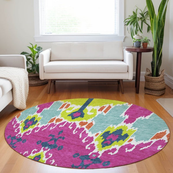 HomeRoots 8' Washable Ikat Round Rug in Pink, Green & Teal – UV-Protected, Stain-Resistant, Durable Comfort! 663014
