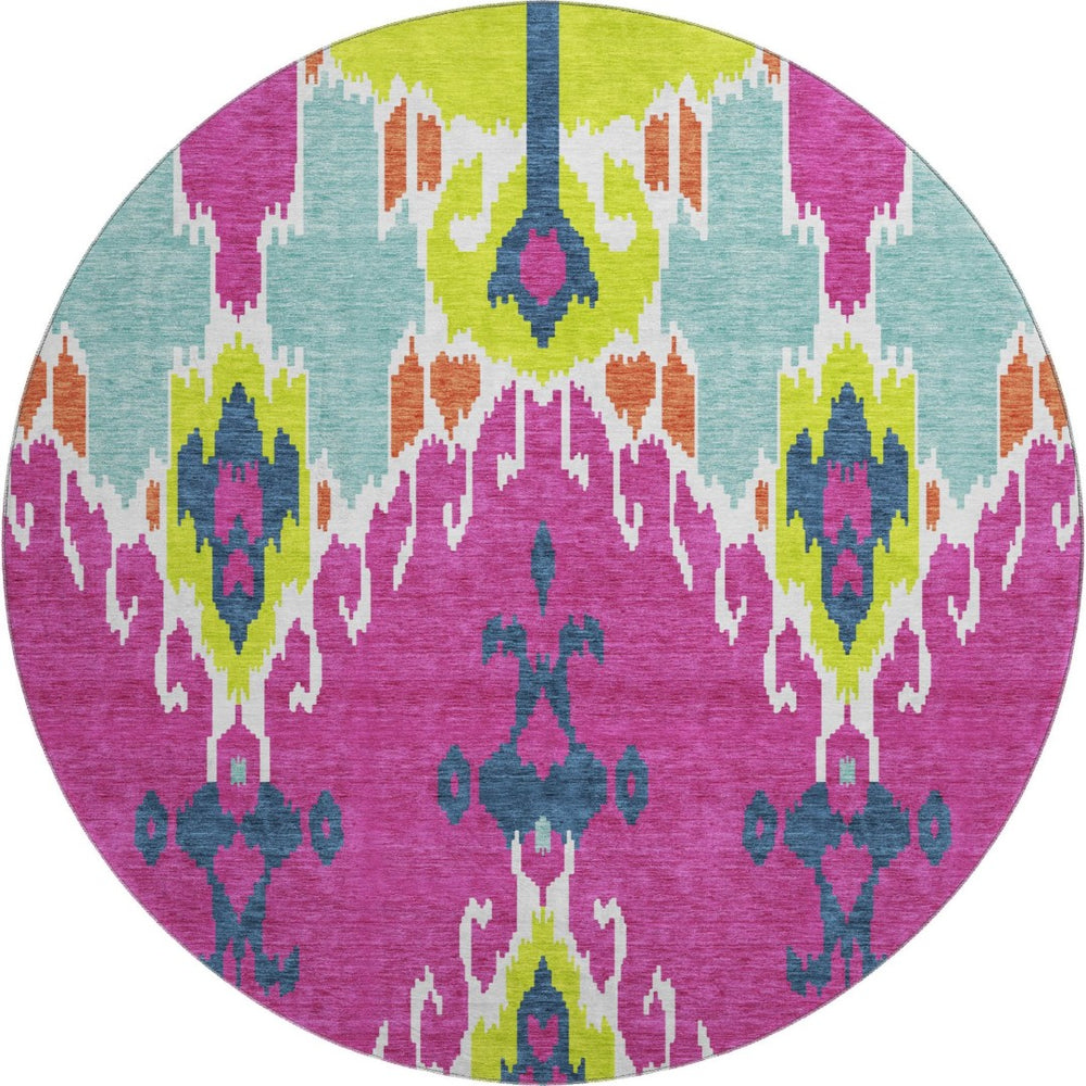 HomeRoots 8' Washable Ikat Round Rug in Pink, Green & Teal – UV-Protected, Stain-Resistant, Durable Comfort! 663014