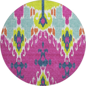 HomeRoots 8' Washable Ikat Round Rug in Pink, Green & Teal – UV-Protected, Stain-Resistant, Durable Comfort! 663014