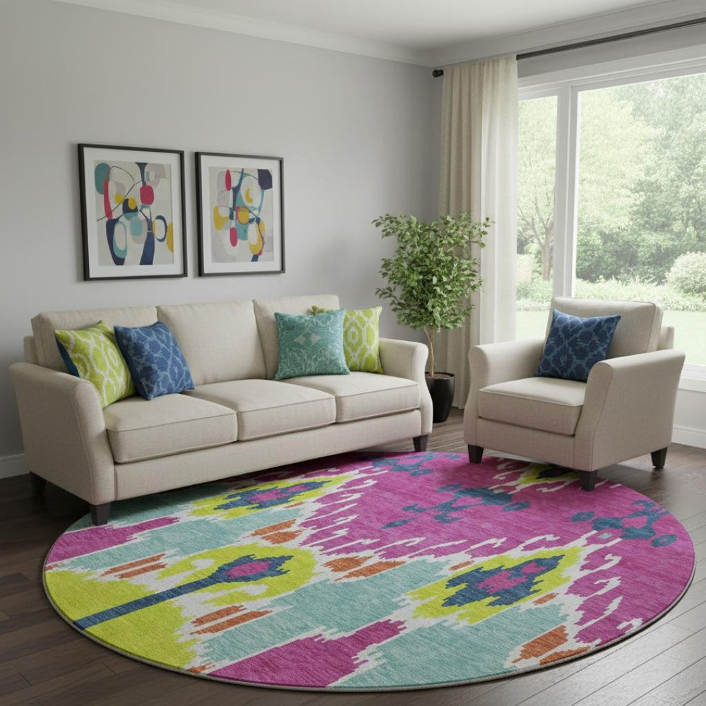 HomeRoots 8' Washable Ikat Round Rug in Pink, Green & Teal – UV-Protected, Stain-Resistant, Durable Comfort! 663014
