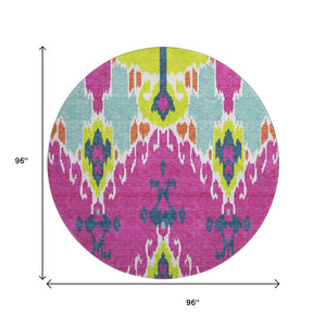 HomeRoots 8' Washable Ikat Round Rug in Pink, Green & Teal – UV-Protected, Stain-Resistant, Durable Comfort! 663014