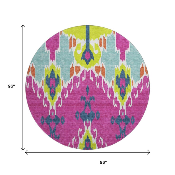 HomeRoots 8' Washable Ikat Round Rug in Pink, Green & Teal – UV-Protected, Stain-Resistant, Durable Comfort! 663014