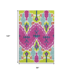 HomeRoots 8' X 10' Vibrant Pink, Green & Teal Ikat Washable Area Rug with UV Protection for Busy Homes 663015