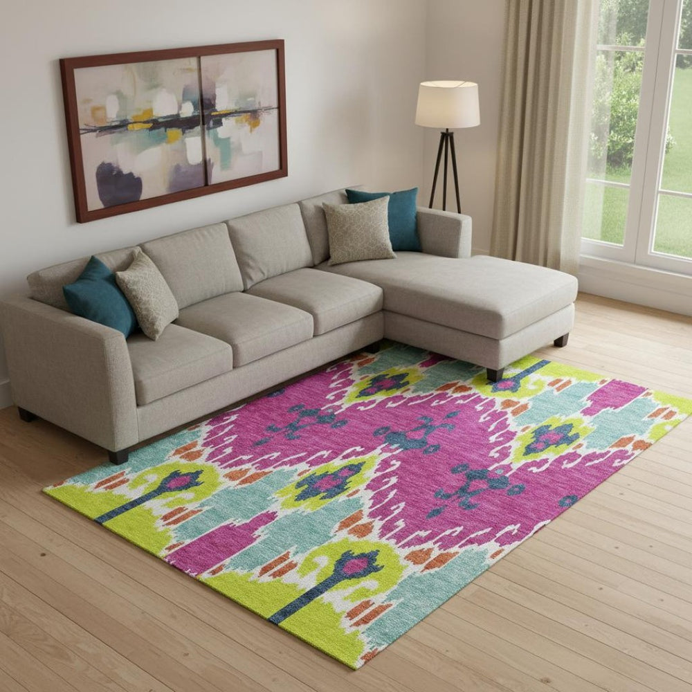 HomeRoots 8' X 10' Vibrant Pink, Green & Teal Ikat Washable Area Rug with UV Protection for Busy Homes 663015