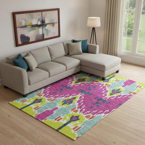 HomeRoots 8' X 10' Vibrant Pink, Green & Teal Ikat Washable Area Rug with UV Protection for Busy Homes 663015
