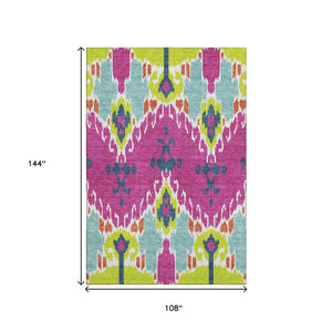 HomeRoots 9' X 12' Ikat Area Rug in Pink, Green & Teal - Washable, UV Protected, Stain Resistant for Homes 663016