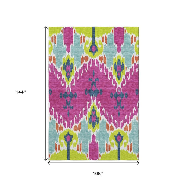 HomeRoots 9' X 12' Ikat Area Rug in Pink, Green & Teal - Washable, UV Protected, Stain Resistant for Homes 663016