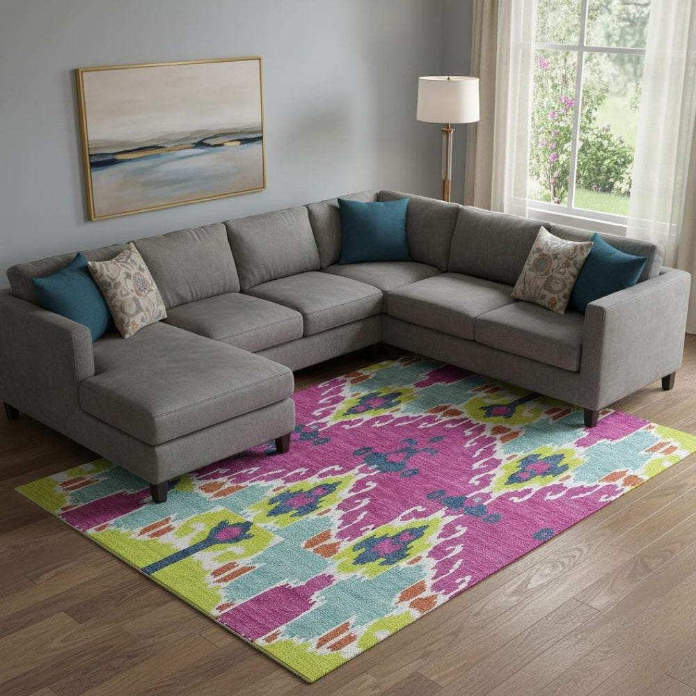 HomeRoots 9' X 12' Ikat Area Rug in Pink, Green & Teal - Washable, UV Protected, Stain Resistant for Homes 663016