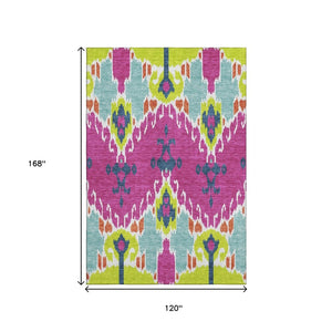HomeRoots 10' Ikat Area Rug in Pink, Green & Teal - Washable, UV-Protected, Stain-Resistant for Home Durability 663017