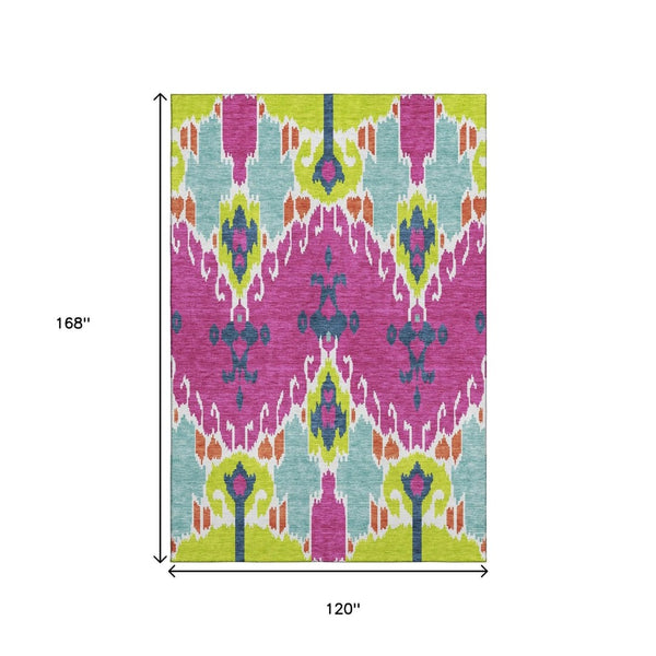 HomeRoots 10' Ikat Area Rug in Pink, Green & Teal - Washable, UV-Protected, Stain-Resistant for Home Durability 663017