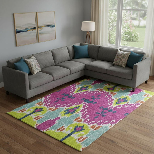 HomeRoots 10' Ikat Area Rug in Pink, Green & Teal - Washable, UV-Protected, Stain-Resistant for Home Durability 663017