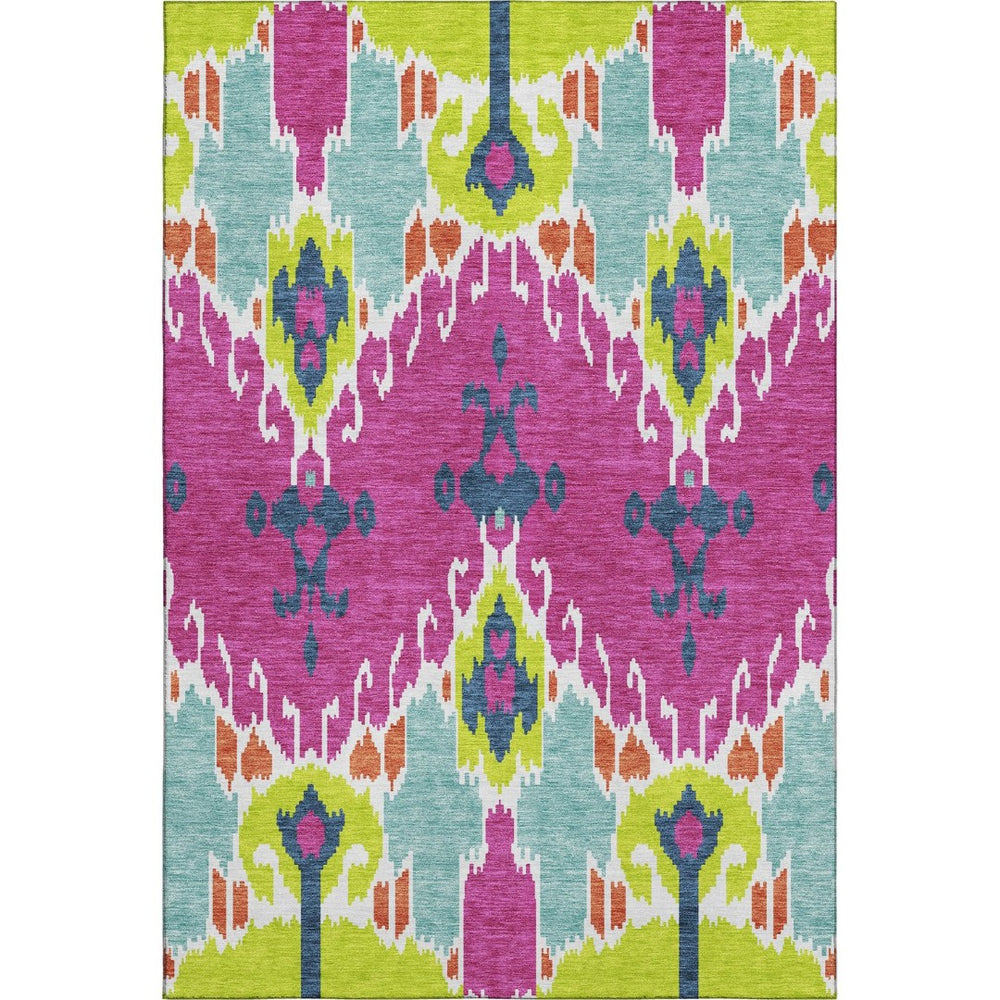 HomeRoots 10' Ikat Area Rug in Pink, Green & Teal - Washable, UV-Protected, Stain-Resistant for Home Durability 663017
