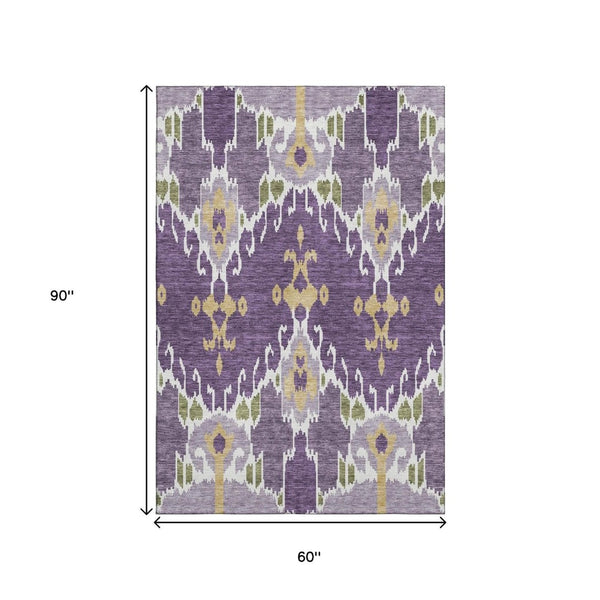 HomeRoots 5' X 8' Ikat Area Rug in Purple, Gold & Ivory – Washable, UV Protected, Kid & Pet Friendly Design! 663019