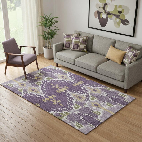 HomeRoots 5' X 8' Ikat Area Rug in Purple, Gold & Ivory – Washable, UV Protected, Kid & Pet Friendly Design! 663019
