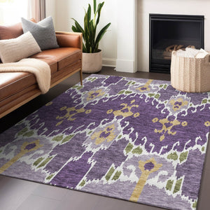 HomeRoots 5' X 8' Ikat Area Rug in Purple, Gold & Ivory – Washable, UV Protected, Kid & Pet Friendly Design! 663019