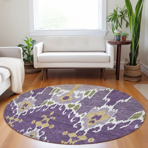 HomeRoots 8' Bold Ikat Washable Round Rug in Purple, Gold & Ivory – UV Protected, Stain-Resistant Comfort! 663020