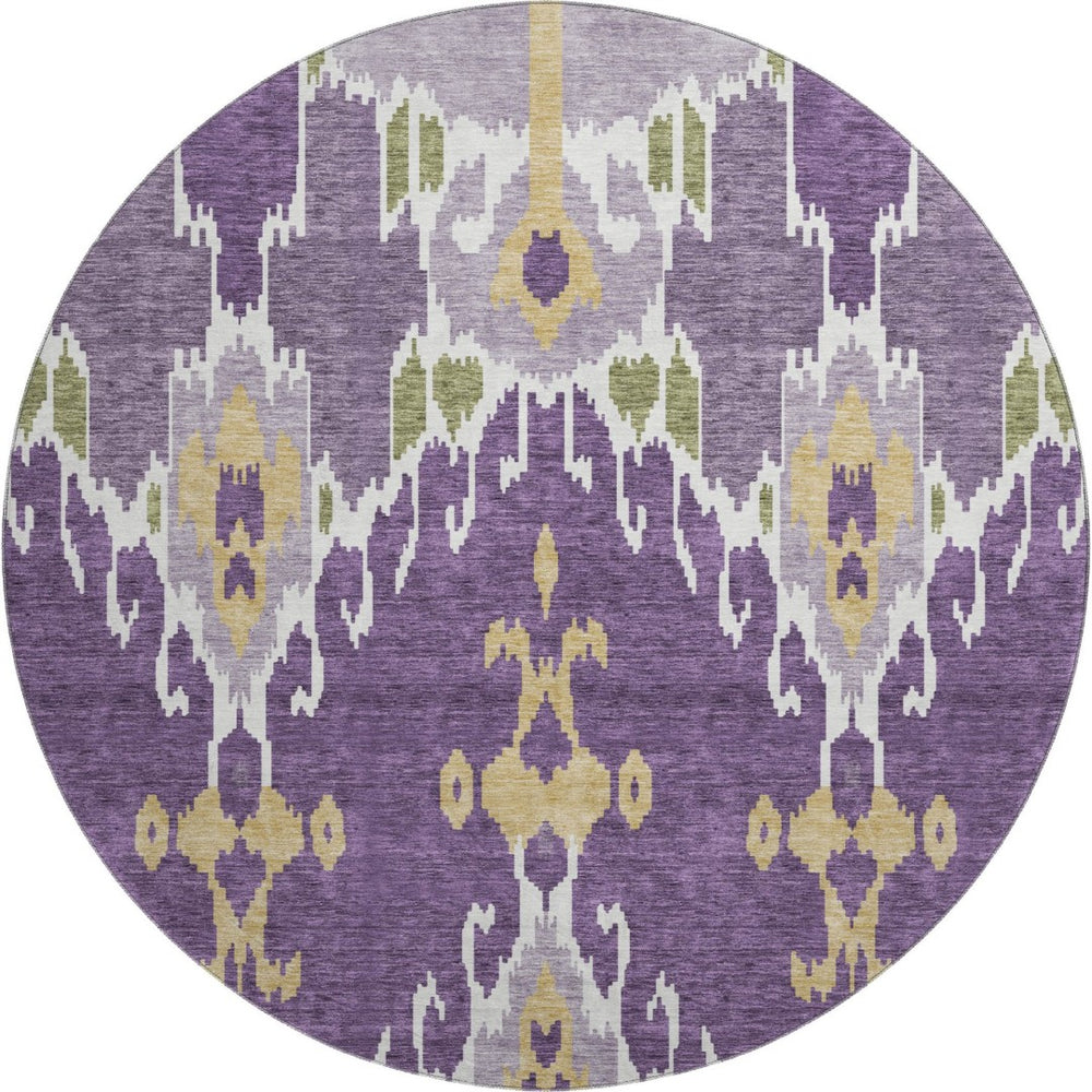 HomeRoots 8' Bold Ikat Washable Round Rug in Purple, Gold & Ivory – UV Protected, Stain-Resistant Comfort! 663020